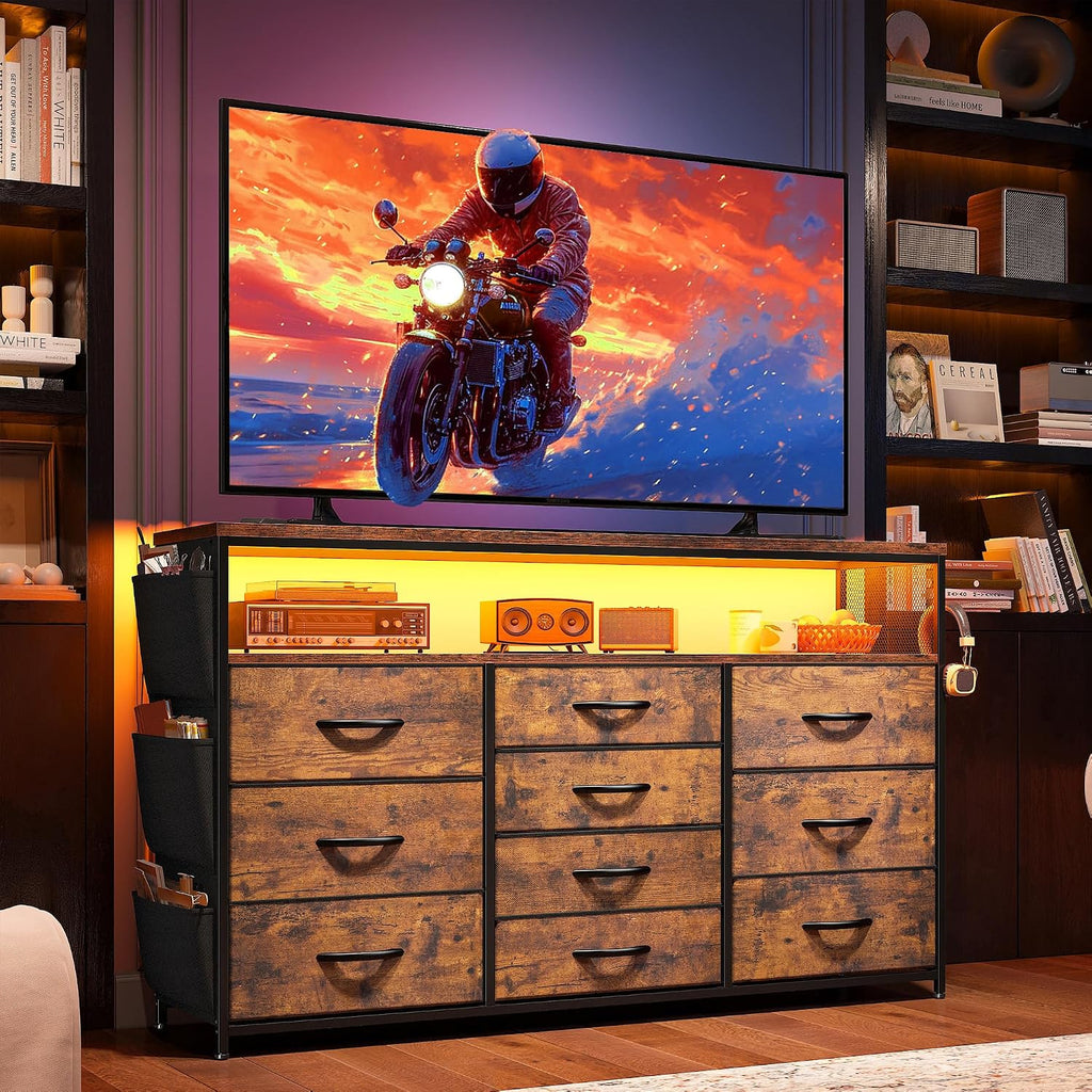 EnHomee Dresser for Bedroom with 10 Drawers, 55' TV Stands with LED Lights & Power Outlets, Dressers with Shelves & Side Pockets, Hooks for Hallway,Rustic Brown