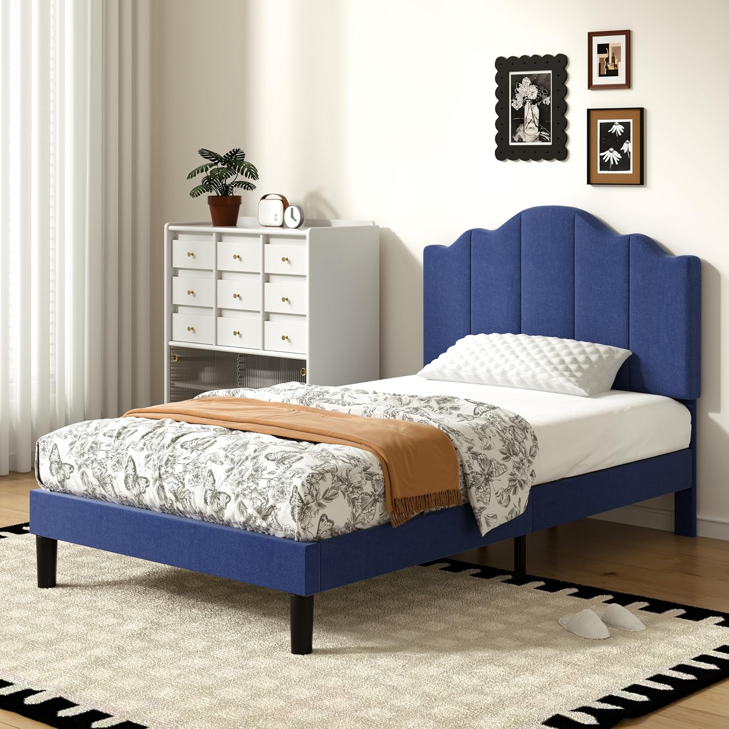 VECELO Twin Size Upholstered Platform Bed Frame with Adjustable Headboard, Wood Slat Support and Noise-Free, No Box Spring Needed, Easy Assembly, Dark Blue