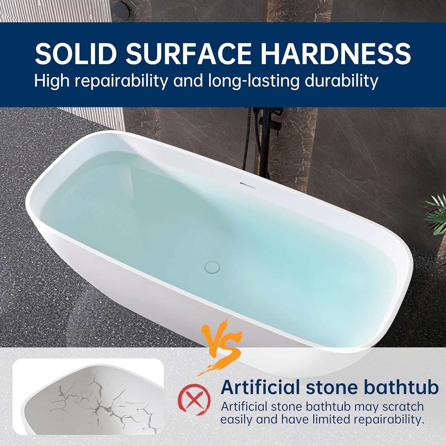 67'' Freestanding Bathtub Resin Stone Deep Soaking Tubs Solid Surface Matte Tub with Overflow and Pop-up Drain