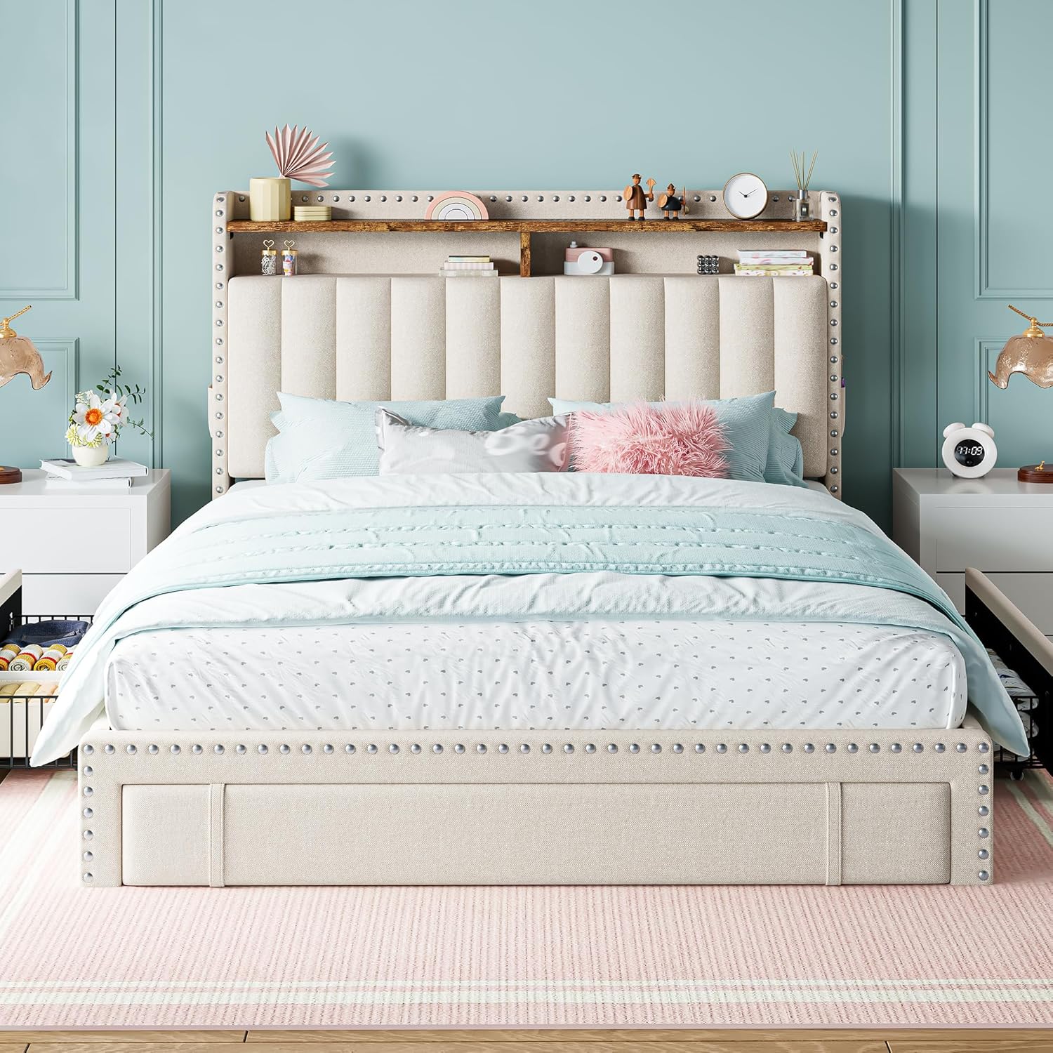 EnHomee Upholstered Full Bed Frame with 3 Storage Drawers, 2-Tier Storage Headboard, Platform Bed Frame with Wooden Slats Support, No Box Spring Needed, Beige