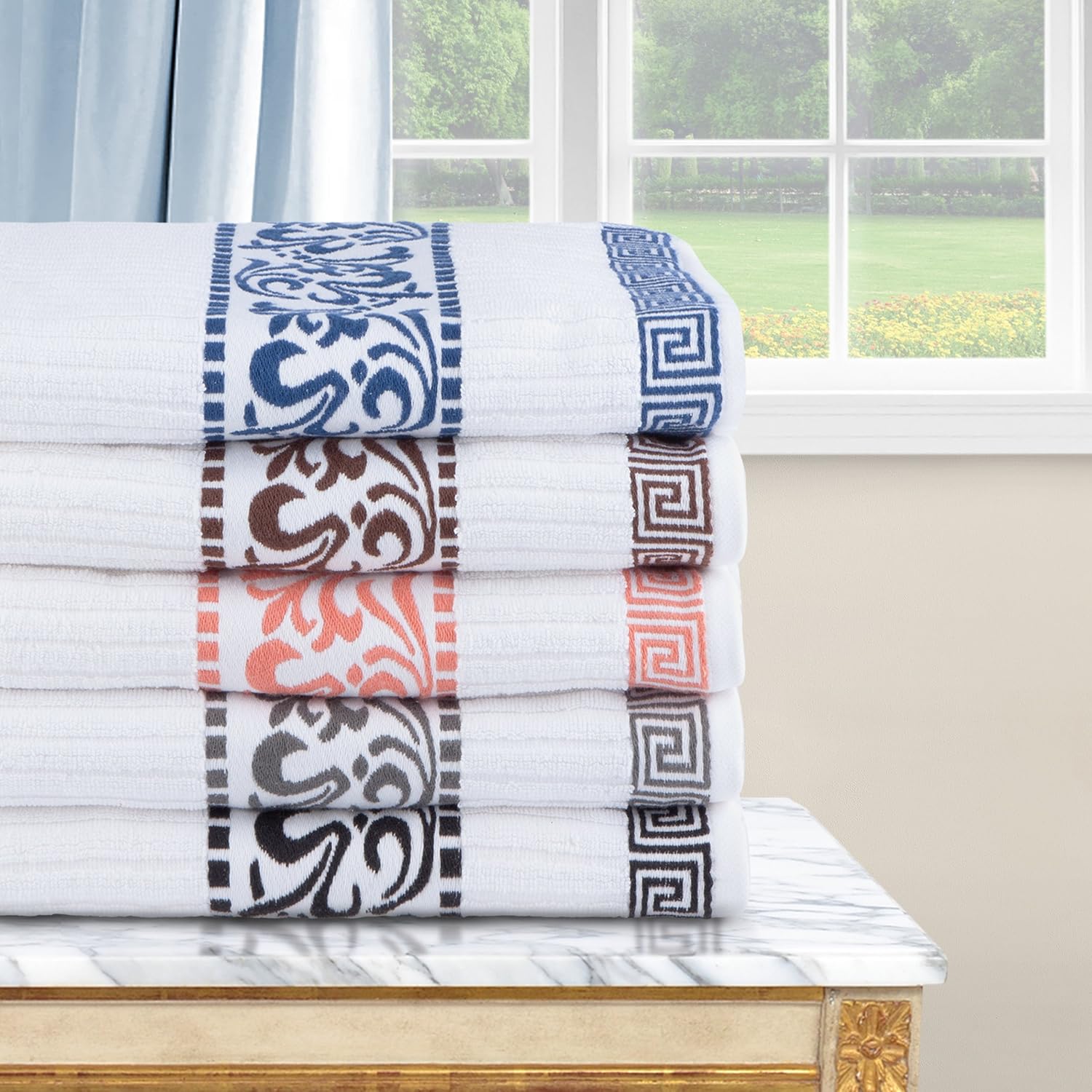 Superior 6-Piece Cotton Towel Set, Decorative Greek Pattern, Home Essentials, Absorbent Towels, Bathroom Decor, Spa, Resort, Includes 2 Hand, 2 Face and 2 Bath Towels, Athens Collection, Navy Blue