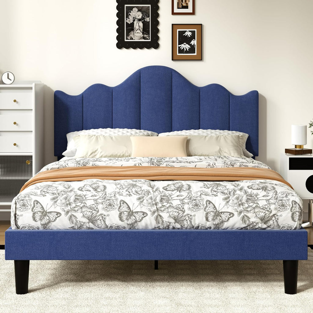 VECELO Full Size Upholstered Platform Bed Frame with Adjustable Headboard, Wood Slat Support and Noise-Free, No Box Spring Needed, Easy Assembly, Dark&Blue