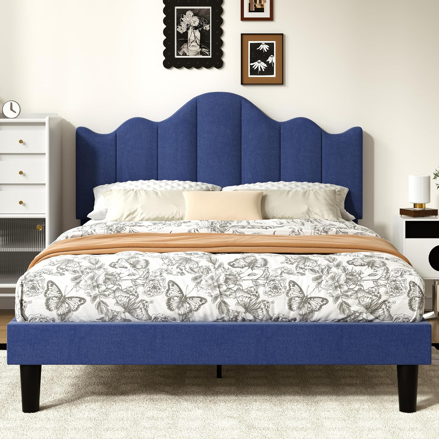 VECELO Full Size Upholstered Platform Bed Frame with Adjustable Headboard, Wood Slat Support and Noise-Free, No Box Spring Needed, Easy Assembly, Dark&Blue