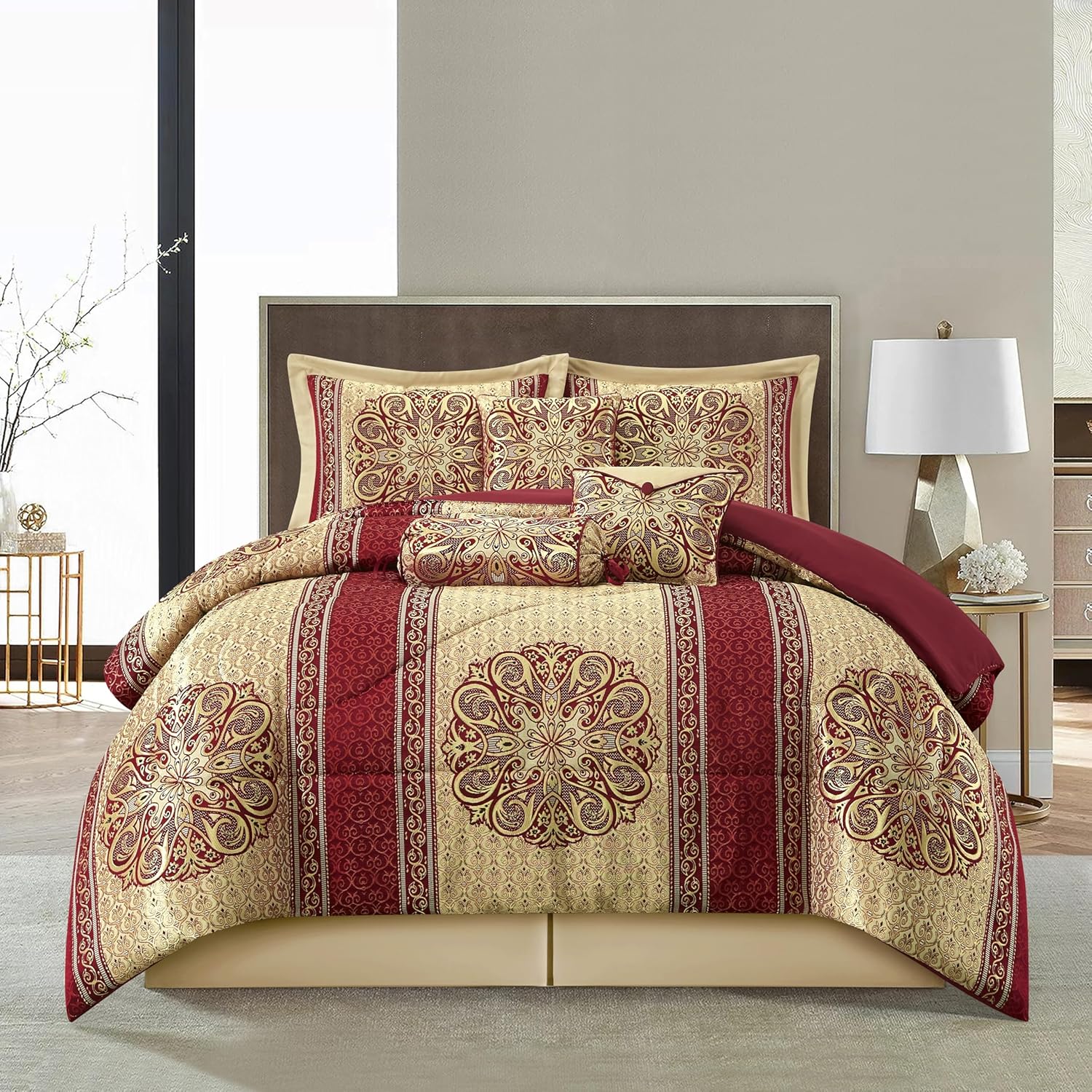 Grand Avenue Wine Gold Jacquard Comforter Set,Size Queen, 7 Piece, Burgundy Home Decor, Premium Lightweight Microfiber, Matching Bedskirt, Decorative Pillows & Shams, All Season Luxurious Bedding Set