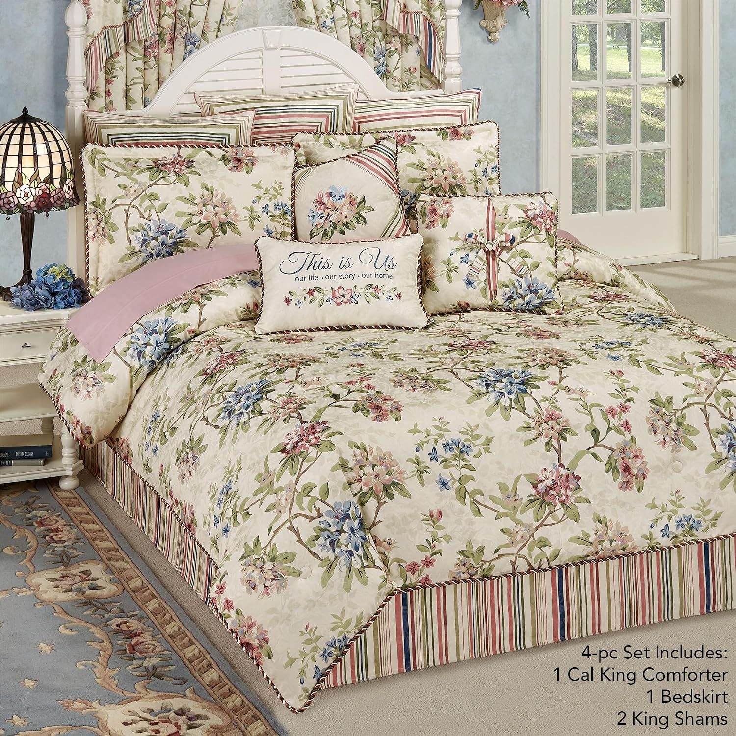 Chatsworth Cottage Country Polyester Jacquard Woven Bedding | Classic Traditional Flower Stripe Floral | Cream Ivory Rose Sage Blue Latte | Washable | 4 Pc Set Cal King Comforter, Bedskirt, 2 Shams