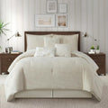 Grand Avenue Beige Cotton Blend Comforter Set, Elegant 7 Piece, Floral Jacquard Queen Size Bedding, All Season, Bedskirt, Pillows & Shams, Home Decor