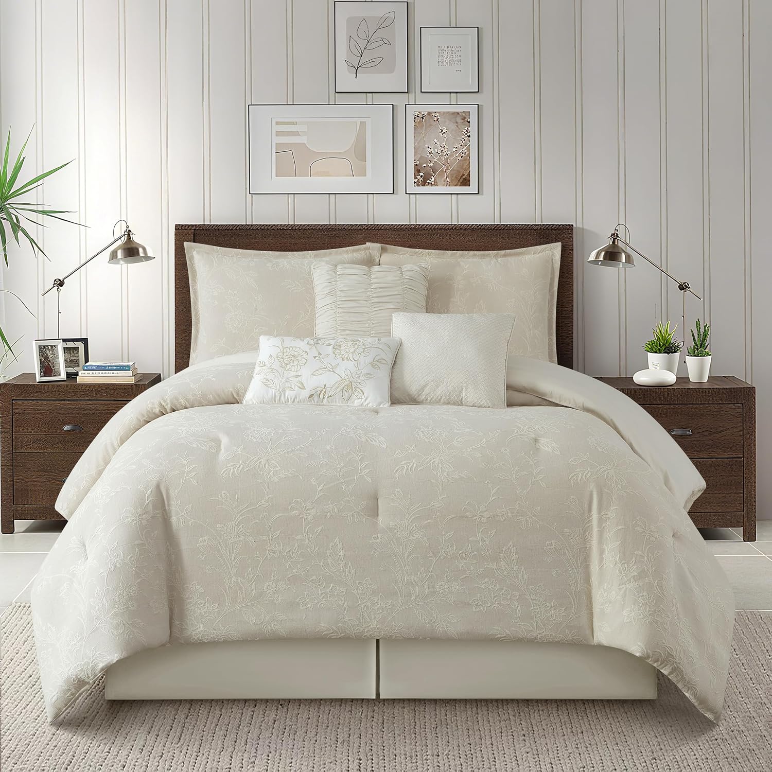 Grand Avenue Beige Cotton Blend Comforter Set, Elegant 7 Piece, Floral Jacquard Queen Size Bedding, All Season, Bedskirt, Pillows & Shams, Home Decor