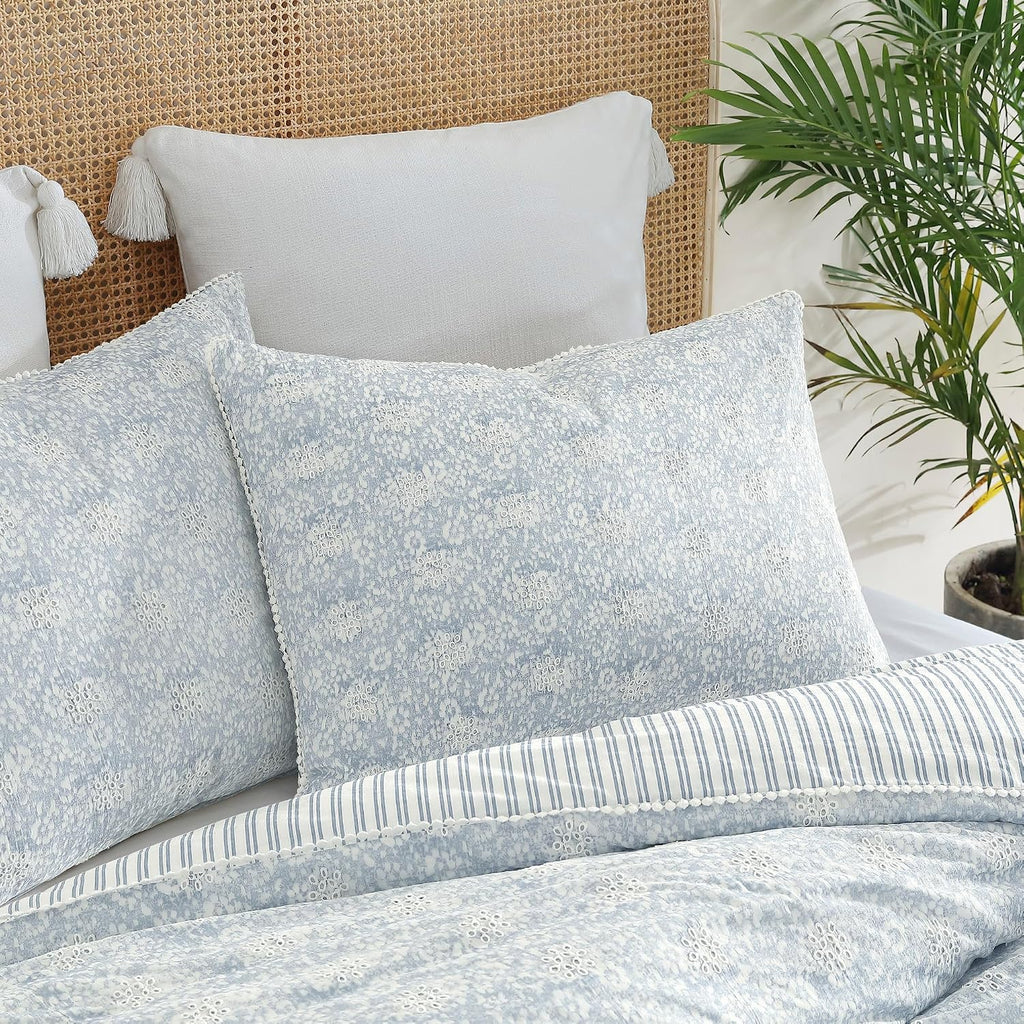 Peri Home 100% Cotton 3-Piece Comforter and Sham Set, King, Blue Ikat Eyelet