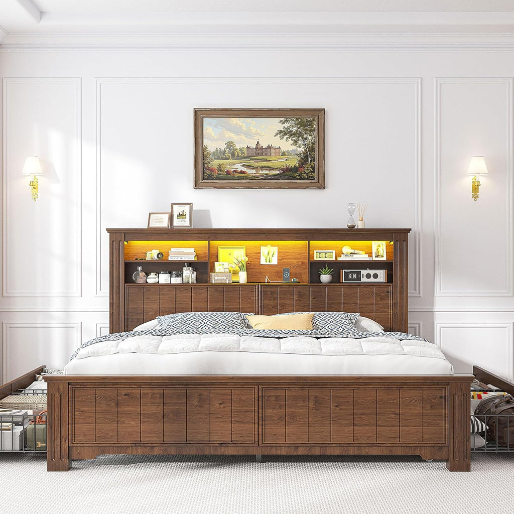 EnHomee Queen Bed Frame with 4 Storage Drawers, Bed Frame Queen Size with Headboard,Sturdy Queen Bed with LED Lights & Charging Ports,Wooden,No Box Spring Needed,Noise-Free,Brown