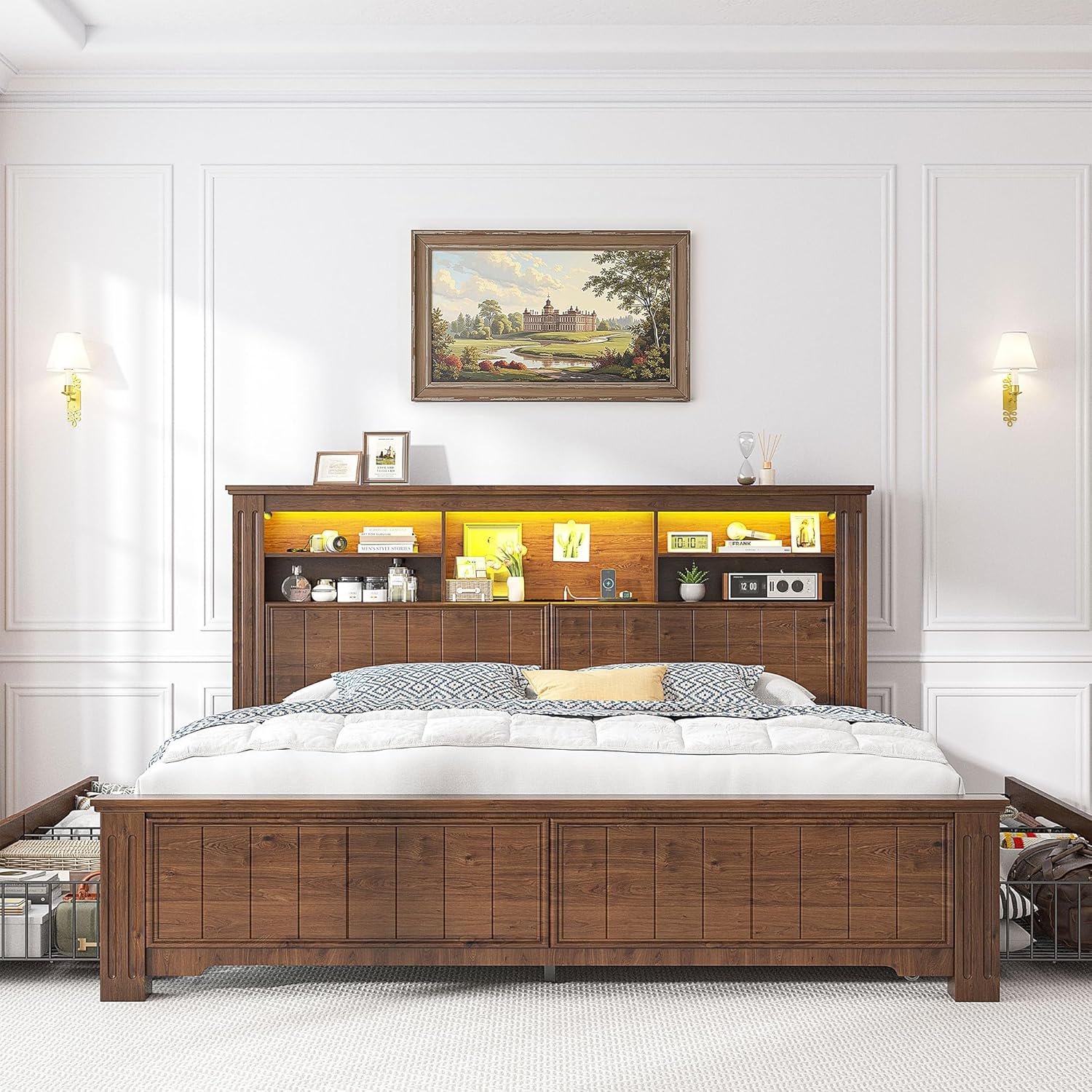 EnHomee Queen Bed Frame with 4 Storage Drawers, Bed Frame Queen Size with Headboard,Sturdy Queen Bed with LED Lights & Charging Ports,Wooden,No Box Spring Needed,Noise-Free,Brown