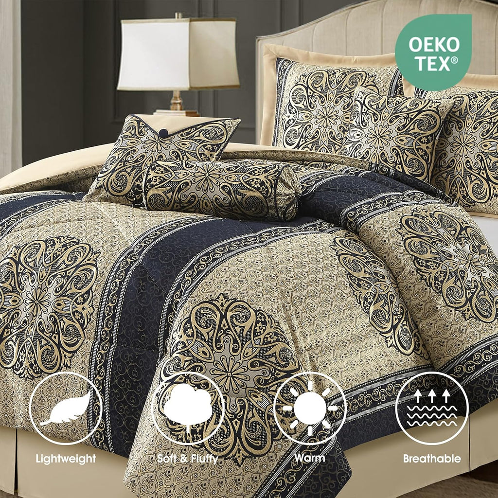 LANCO MODERN LIFESTYLE King Size Comforter Set, Navy Medallion Jacquard Design, Luxurious Bohemian 7 Pieces Bedding Set with Decorative Pillows and Bed Skirt