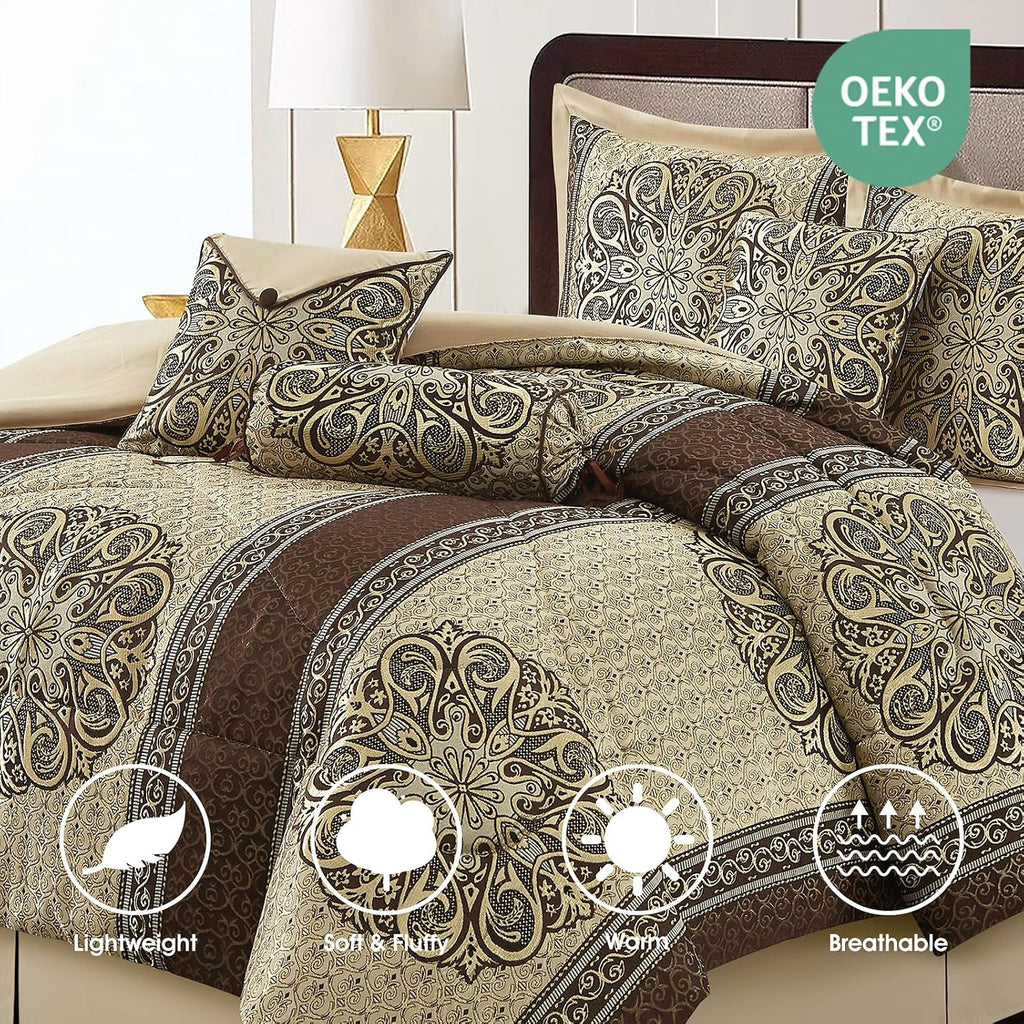LANCO MODERN LIFESTYLE Queen Comforter Set, Brown Medallion Jacquard Design, Luxurious Bohemian 7 Pieces Bedding Set with Decorative Pillows and Bed Skirt