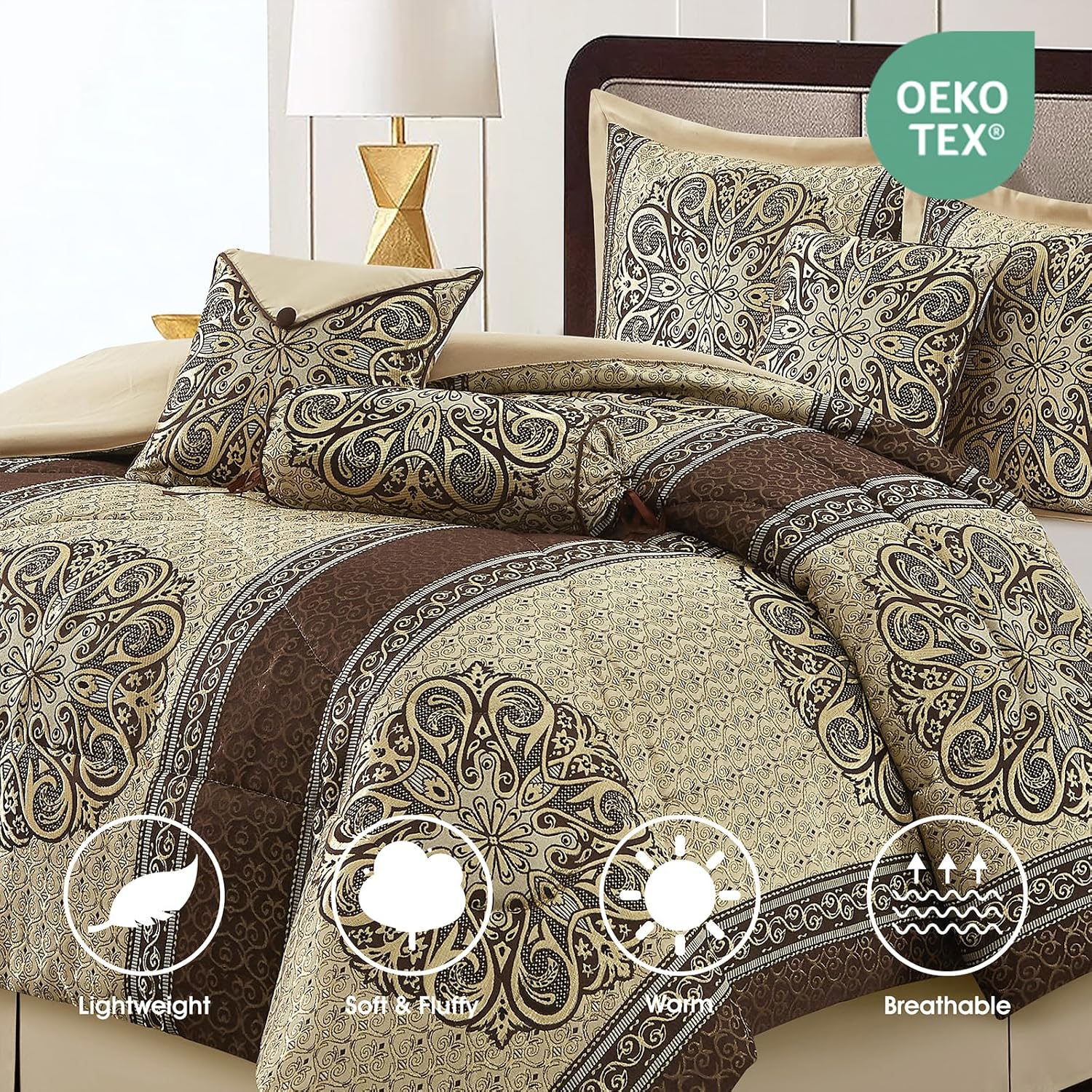 LANCO MODERN LIFESTYLE Queen Comforter Set, Brown Medallion Jacquard Design, Luxurious Bohemian 7 Pieces Bedding Set with Decorative Pillows and Bed Skirt