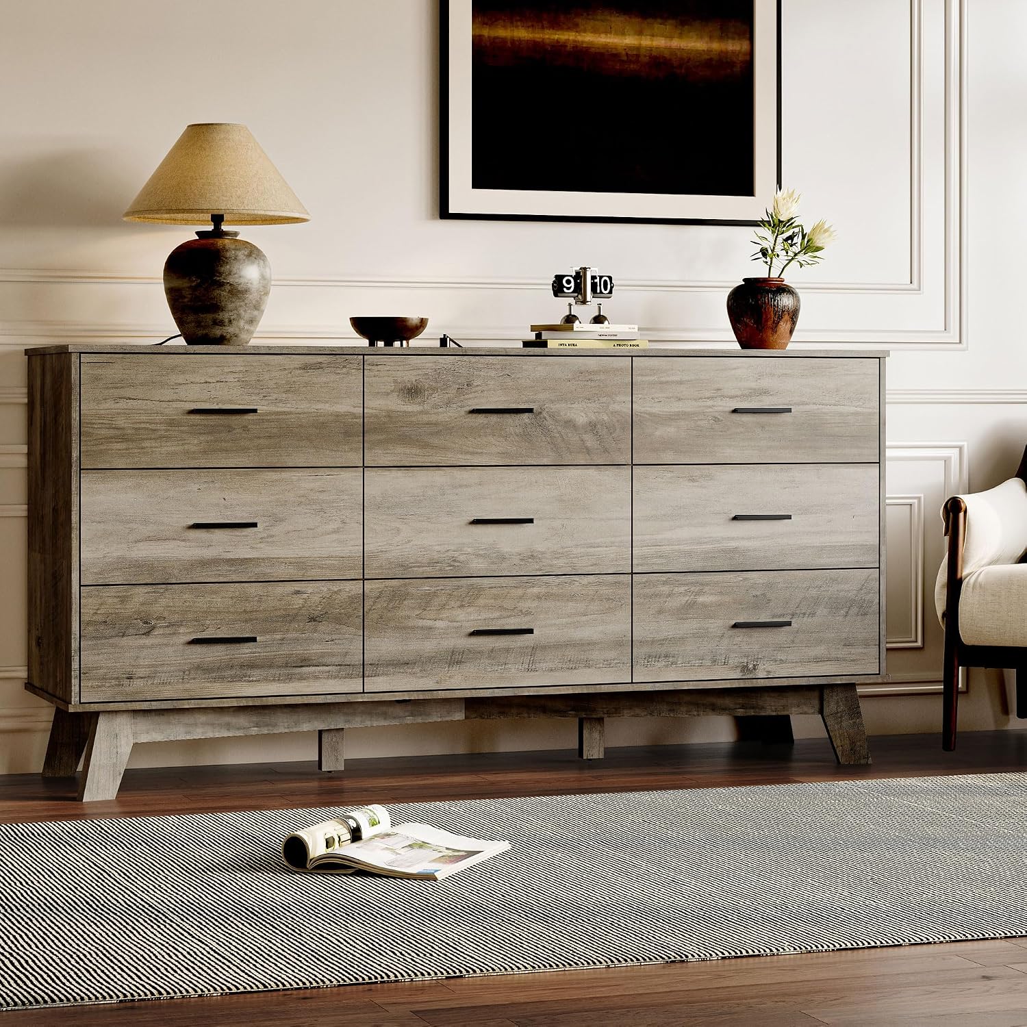 BORNOON Dresser for Bedroom with 9-Drawer, 59' Wide Modern Chest of Drawers with Metal Handles, X-Shape Base & Adjustable Center Leg, Anti-Tip Closet Organizers and Storage
