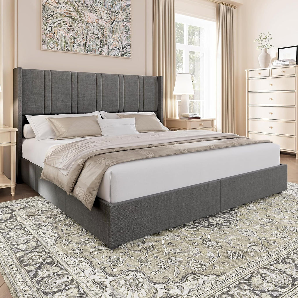 BRELTAM Queen Size Bed Frame with 4 Storage Drawers Linen Upholstered Platform Bed with Wingback Headboard, No Box Spring Needed, Easy Assembly, Light Grey