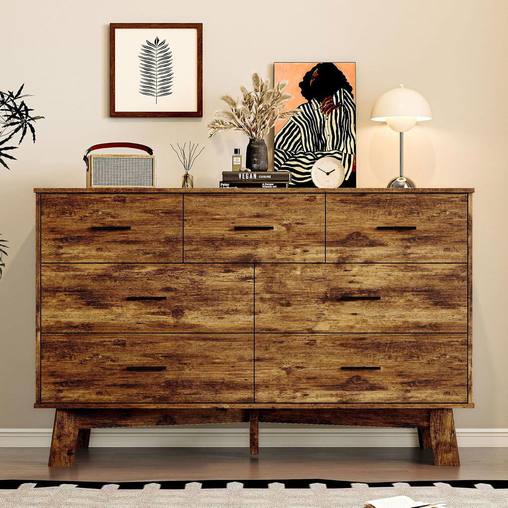 BORNOON Dresser for Bedroom with 7-Drawer, 47.2' Wide Modern Chest of Drawers with Metal Handles, X-Shape Base & Adjustable Center Leg, Anti-Tip Closet Organizers and Storage