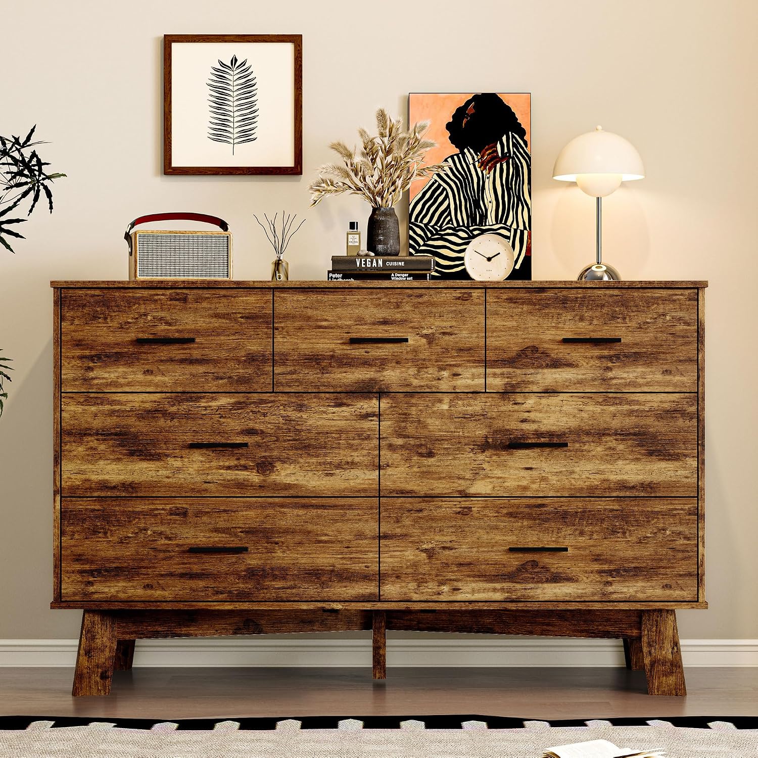 BORNOON Dresser for Bedroom with 7-Drawer, 47.2' Wide Modern Chest of Drawers with Metal Handles, X-Shape Base & Adjustable Center Leg, Anti-Tip Closet Organizers and Storage