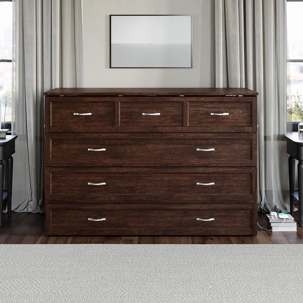 AFI, Northfield Murphy Bed Chest Queen with 6' Mattress, Storage Drawer & Built-in USB Charger, Burnt Amber