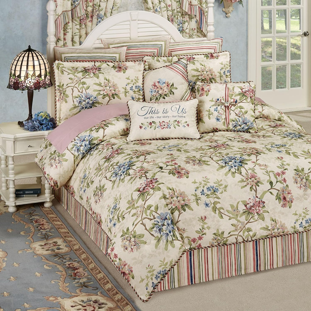 Chatsworth Cottage Country Polyester Jacquard Woven Bedding | Classic Traditional Flower Stripe Floral | Cream Ivory Rose Sage Blue Latte | 7 Pc Set Full Comforter, Bedskirt, 2 Shams, 3 Pillows