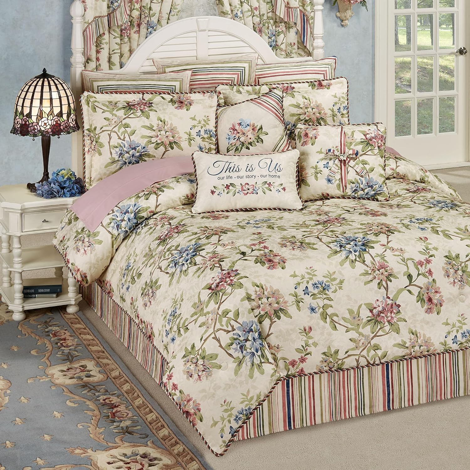 Chatsworth Cottage Country Polyester Jacquard Woven Bedding | Classic Traditional Flower Stripe Floral | Cream Ivory Rose Sage Blue Latte | Washable | 4 Pc Set Cal King Comforter, Bedskirt, 2 Shams