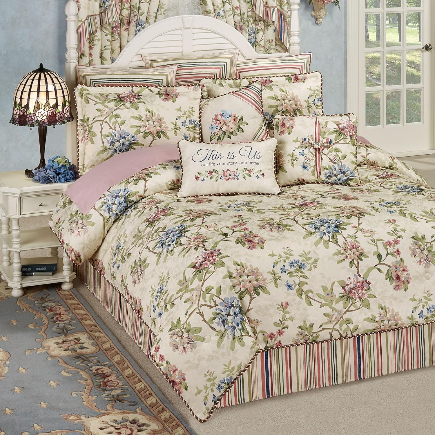 Chatsworth Cottage Country Polyester Jacquard Woven Bedding | Classic Traditional Flower Stripe Floral | Cream Ivory Rose Sage Blue Latte | 7 Pc Set King Comforter, Bedskirt, 2 Shams, 3 Pillows