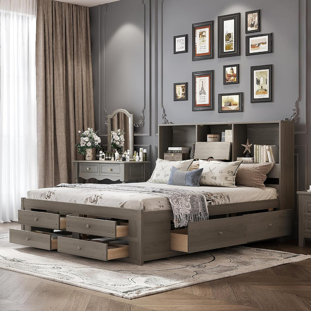 King Size Platform Bed with Storage Headboard, Solid Wood Platform Bed Captain's Bed Frame with 8 Drawers, Sturdy Slats Support, Maximize Space (Grey-8R, King)