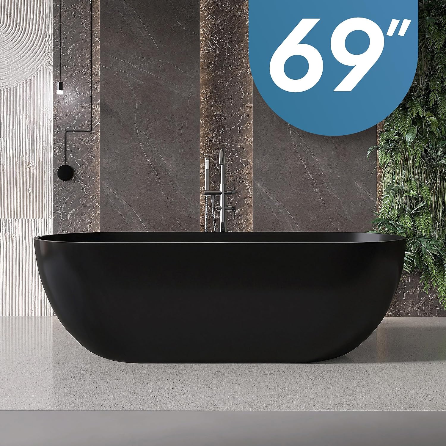 69' Stone Resin Freestanding Bathtub, Oval Solid Surface Bathroom Freestanding Tub, Thin Edge Stand Alone Tub with Integrated Slotted Overflow and Pop-up Drain, Matte Black AFS307-1750