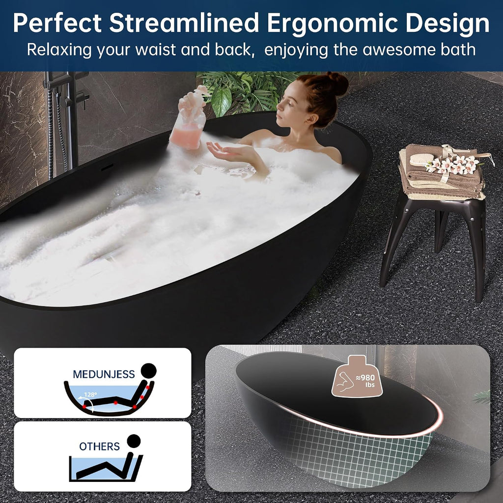61' Stone Resin Freestanding Bathtub, Oval Solid Surface Bathroom Freestanding Tub, Thin Edge Stand Alone Tub with Integrated Slotted Overflow and Pop-up Drain, Matte Black 303-1550