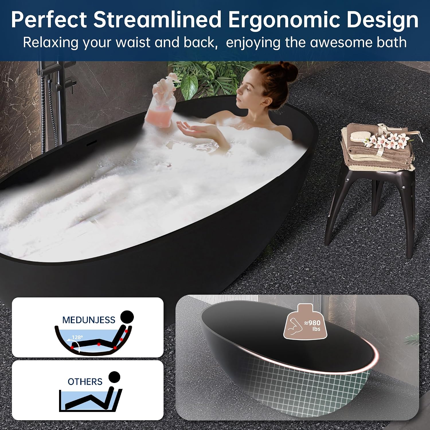 61' Stone Resin Freestanding Bathtub, Oval Solid Surface Bathroom Freestanding Tub, Thin Edge Stand Alone Tub with Integrated Slotted Overflow and Pop-up Drain, Matte Black 303-1550