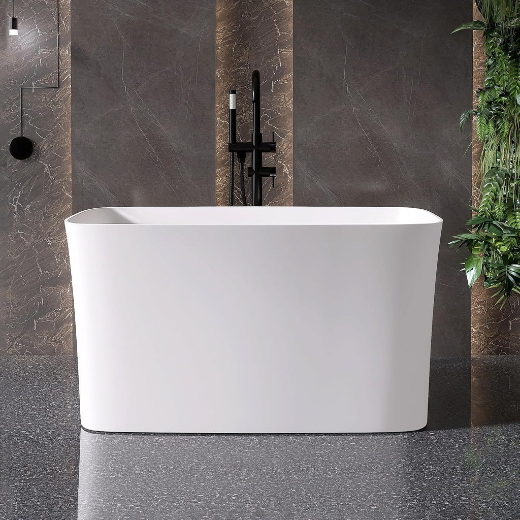 47' Stone Resin Freestanding Bathtub, Freestanding Bathtub with seat,Oval Solid Surface Japanese Soaking Bathtubs with Drain & Integrated Slotted Overflow Matte White MG003-1200