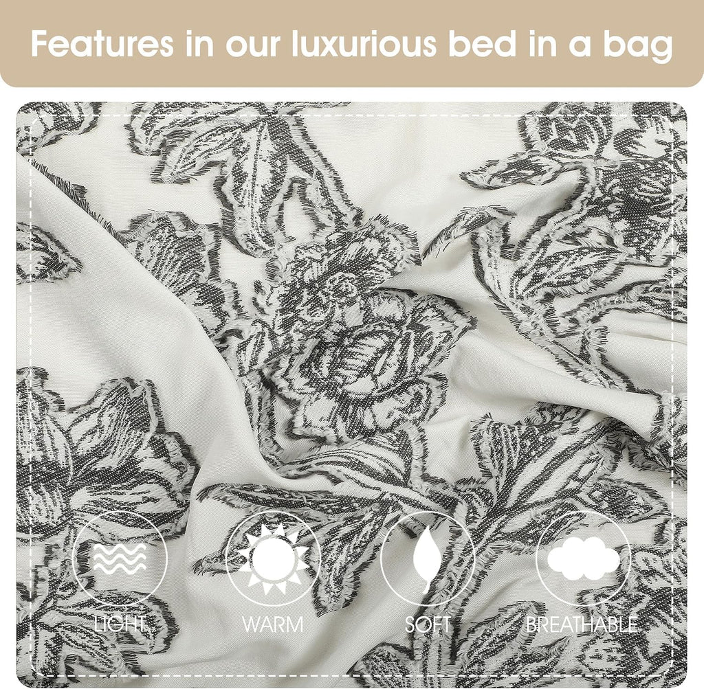 Grand Avenue Black and White Comforter Set Queen Size, 7 Piece Clip Jacquard Floral Bedding Set, All Season Comforters, Bedskirt, Pillows & Shams