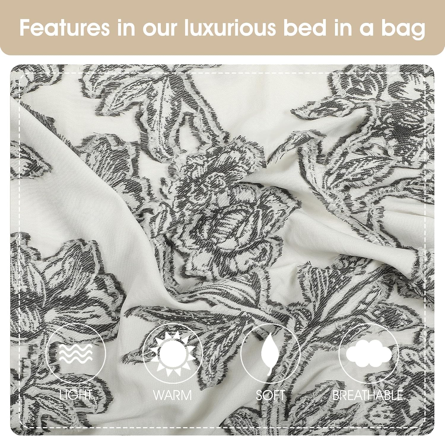 Grand Avenue Black and White Comforter Set Queen Size, 7 Piece Clip Jacquard Floral Bedding Set, All Season Comforters, Bedskirt, Pillows & Shams