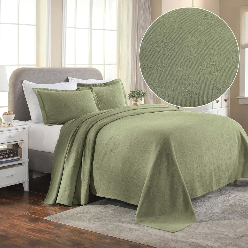 Superior Paisley Cotton 3 Piece Bedspread Set, Home Bed Decor, Decorative Textured Bed Spread, 2 Pillow Shams, Airy Blanket, Matelasse Coverlet Bedding, Vintage Floral Design, King, Sage