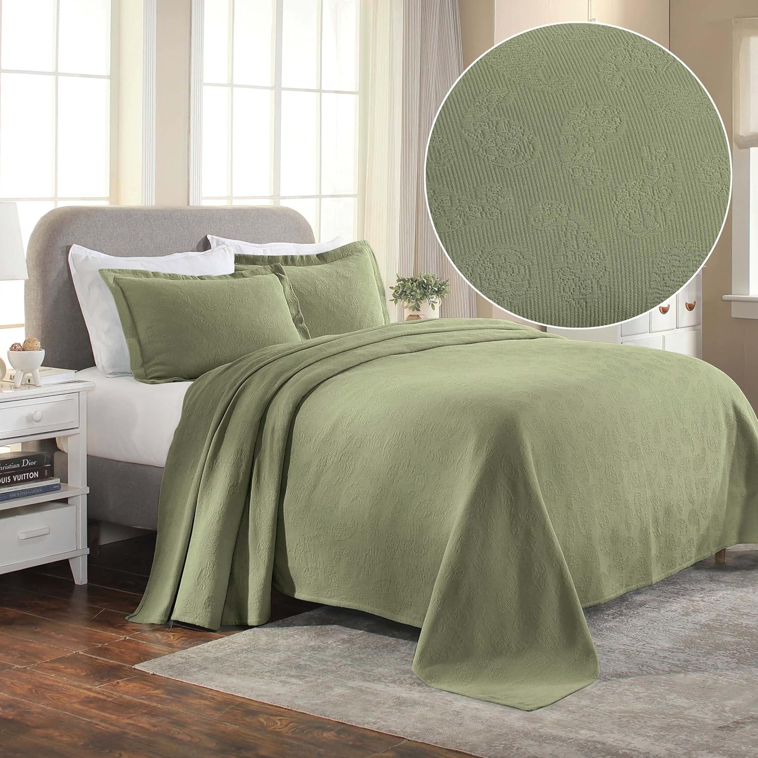 Superior Paisley Cotton 3 Piece Bedspread Set, Home Bed Decor, Decorative Textured Bed Spread, 2 Pillow Shams, Airy Blanket, Matelasse Coverlet Bedding, Vintage Floral Design, King, Sage