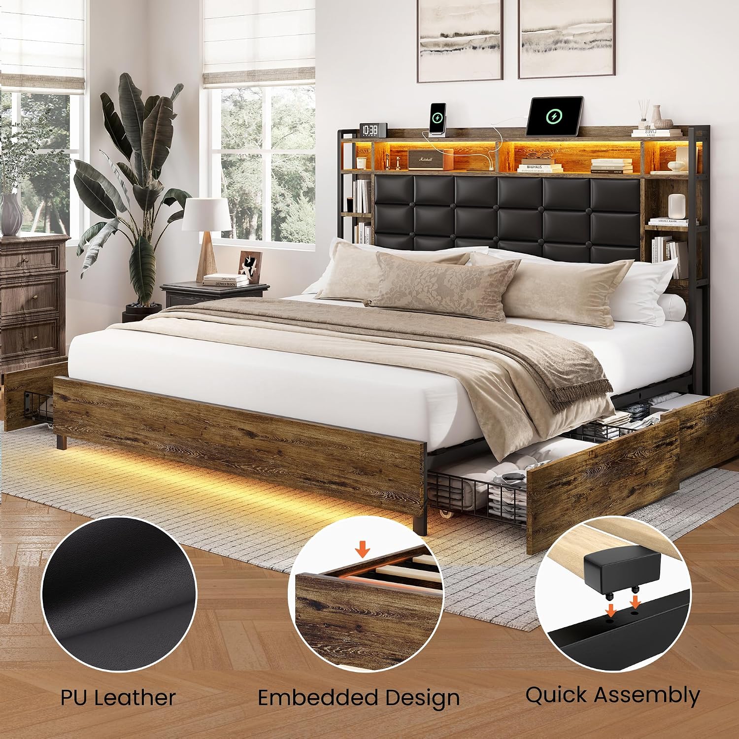 LARMACE Queen Size Bed Frame with 4 Storage Drawers and Bookcase Headboard, Faux Leather Upholstered, Wooden Platform Bed Frame with Charging Station and LED Lights, No Box Spring Needed, Brown