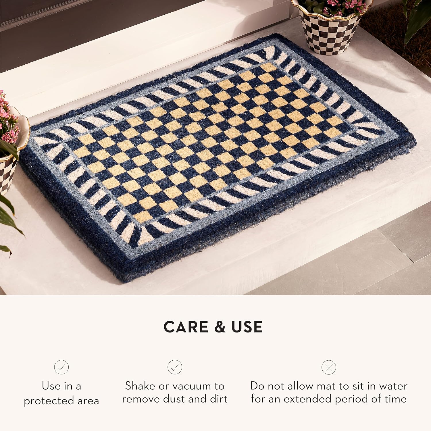 MACKENZIE-CHILDS Entrance Mat, Decorative Outdoor Front-Door Mat, Coir Doormat, Blue-and-White Royal Check