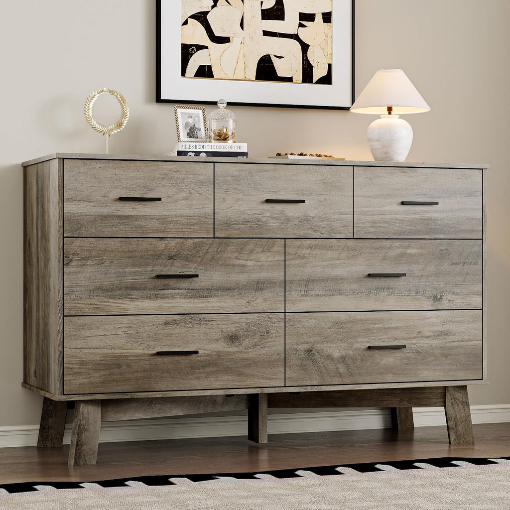 BORNOON Dresser for Bedroom with 7-Drawer, 47.2' Wide Modern Chest of Drawers with Metal Handles, X-Shape Base & Adjustable Center Leg, Anti-Tip Closet Organizers and Storage