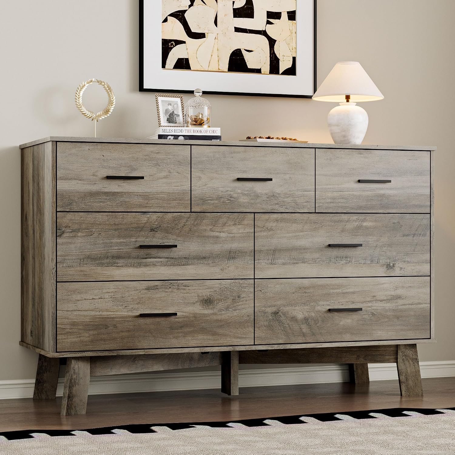 BORNOON Dresser for Bedroom with 7-Drawer, 47.2' Wide Modern Chest of Drawers with Metal Handles, X-Shape Base & Adjustable Center Leg, Anti-Tip Closet Organizers and Storage