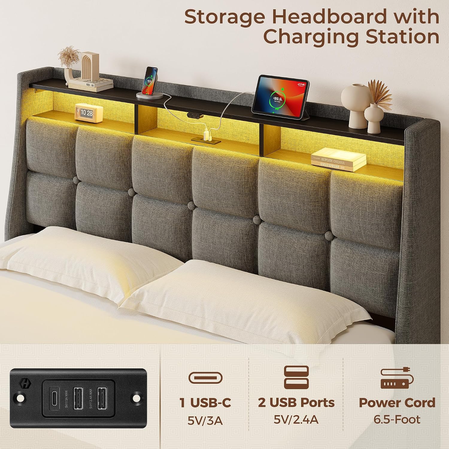 Rolanstar Queen Size Bed Frame with RGB LED Lights & Charging Station, Upholstered Storage Headboard with 4 Drawers, Heavy Duty Metal Frame, No Box Spring Needed, Easy Assembly