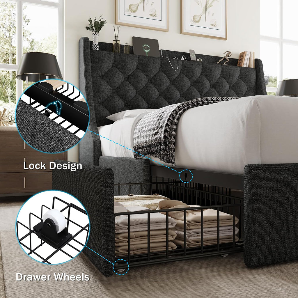 GalnFu Queen Bed Frame with 4 Storage Drawers, Giant Upholstered Wingback Headboard, Fast Charging Station, No Box Spring Needed, Noise-Free, Dark Gray