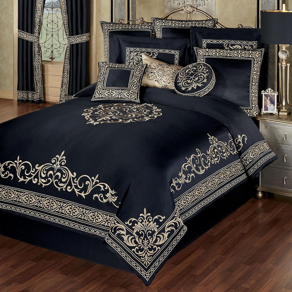Touch of Class Kensington Luxury Bedding | Classic Black | Palace-Inspired Golden Scrollwork Embroidery on Sateen | Designed 4 Piece Set Includes Queen Comforter, Bedskirt, and 2 Standard Shams