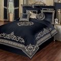 Kensington Luxury Bedding | Classic Black | Palace-Inspired Golden Scrollwork Embroidery on Sateen | 7 Piece Set Includes Queen Comforter, Bedskirt, 2 Standard Shams, and 3 Decorative Pillows