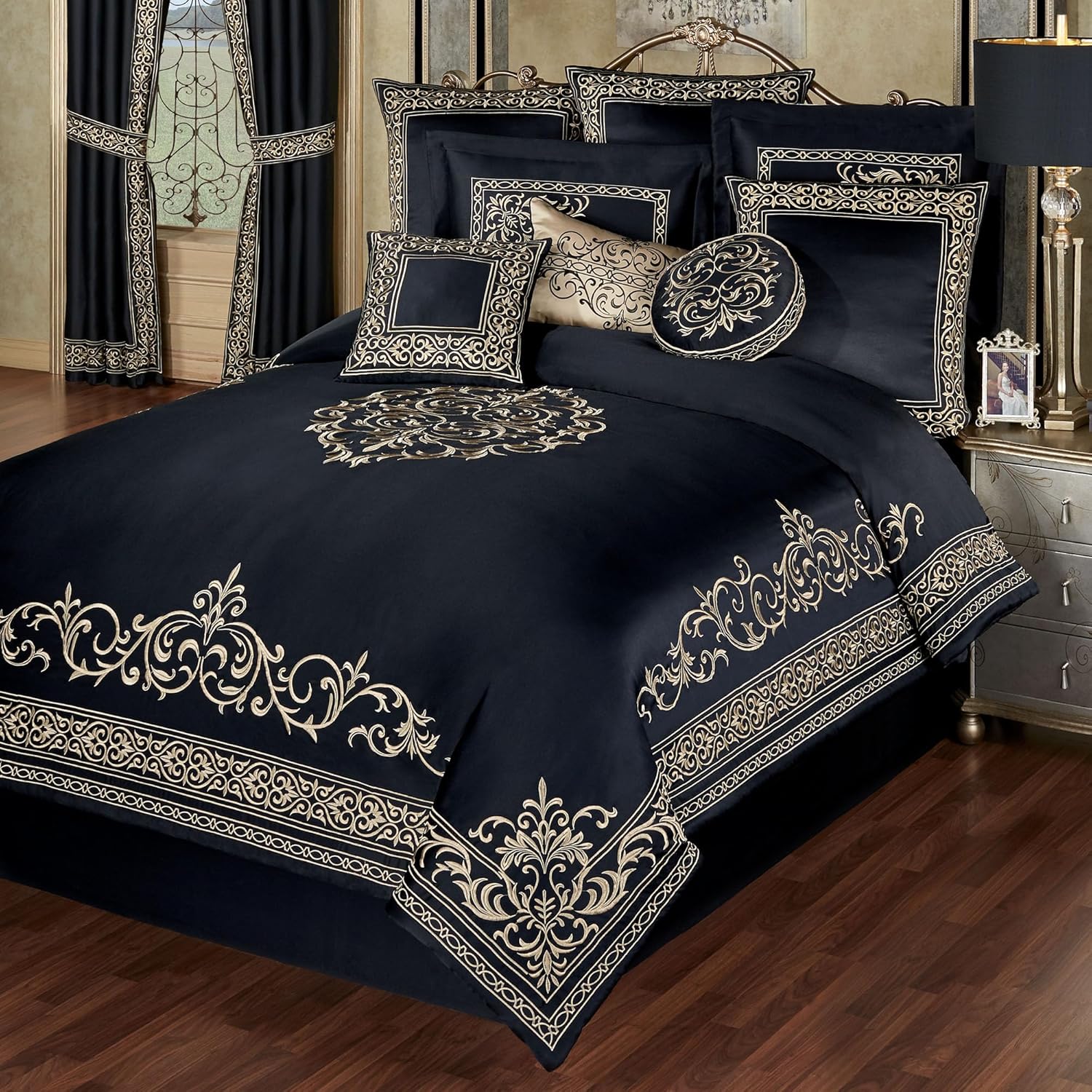 Touch of Class Kensington Luxury Bedding | Classic Black | Palace-Inspired Golden Scrollwork Embroidery on Sateen | Designed 4-Piece Set Includes King Comforter, Bedskirt, and 2 King Shams