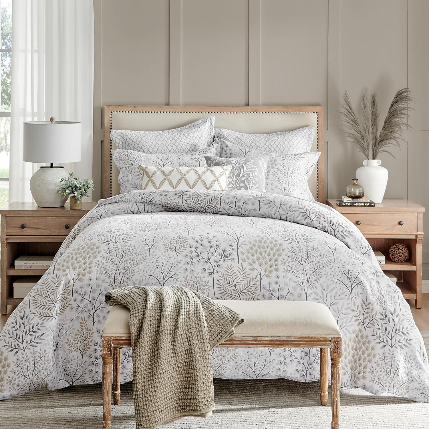 Levtex Home English Forest Natural Reversible Full/Queen Comforter Set (90x94in) with 2 Pillowcases (26x20in) - Floral Bedding - Taupe, Grey - Cotton Full/Queen Size Comforter Set - Soft, Pre-Washed