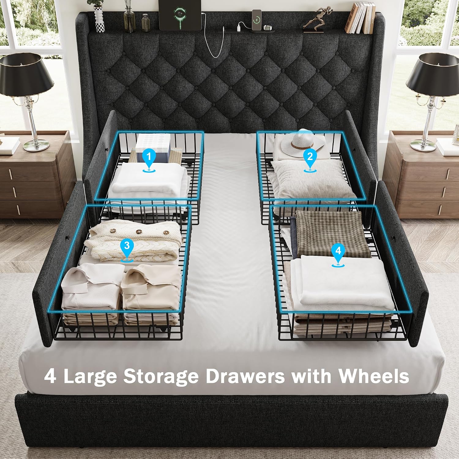 GalnFu Queen Bed Frame with 4 Storage Drawers, Giant Upholstered Wingback Headboard, Fast Charging Station, No Box Spring Needed, Noise-Free, Dark Gray