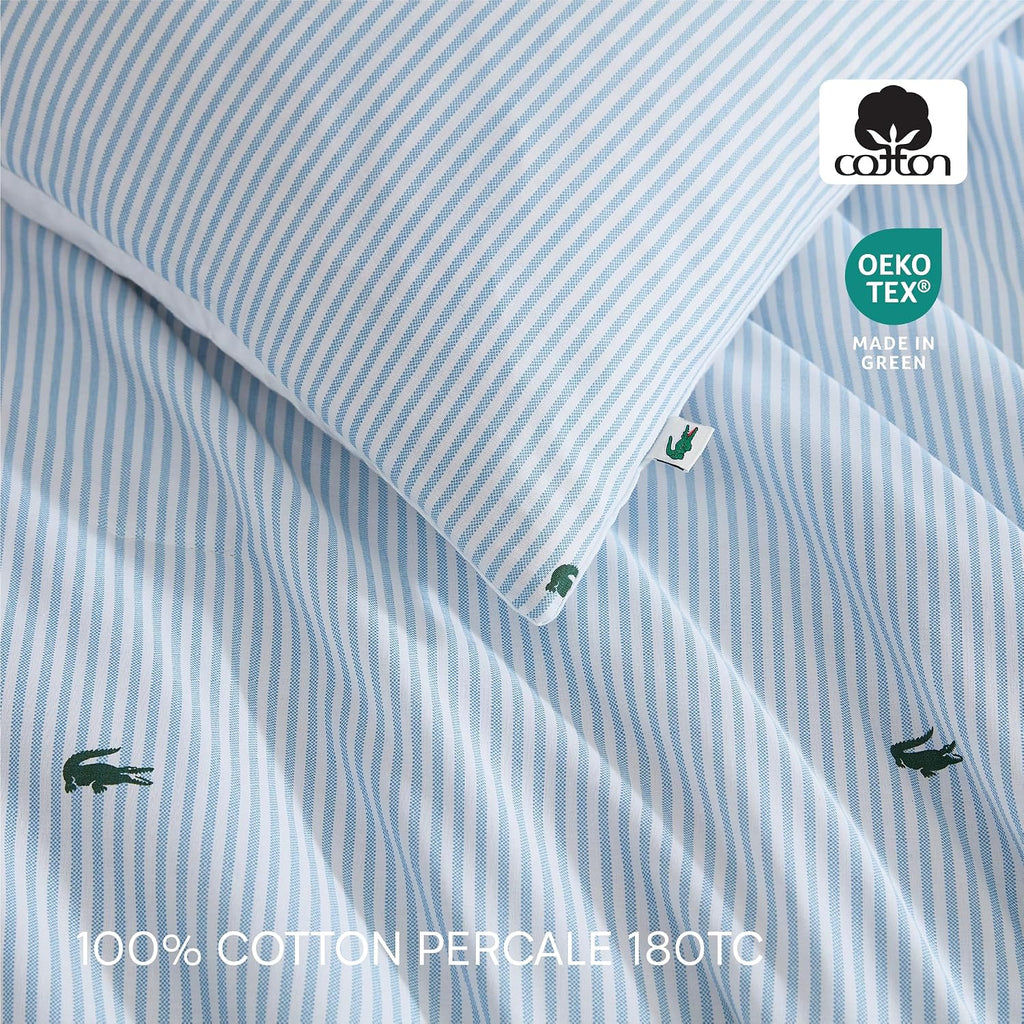 Lacoste Pinstripe Croc Comforter Set, 100% Percale Cotton 180TC, Breathable All Season Bedding with Embroidered Crocodile Logo, Blue, Full/Queen