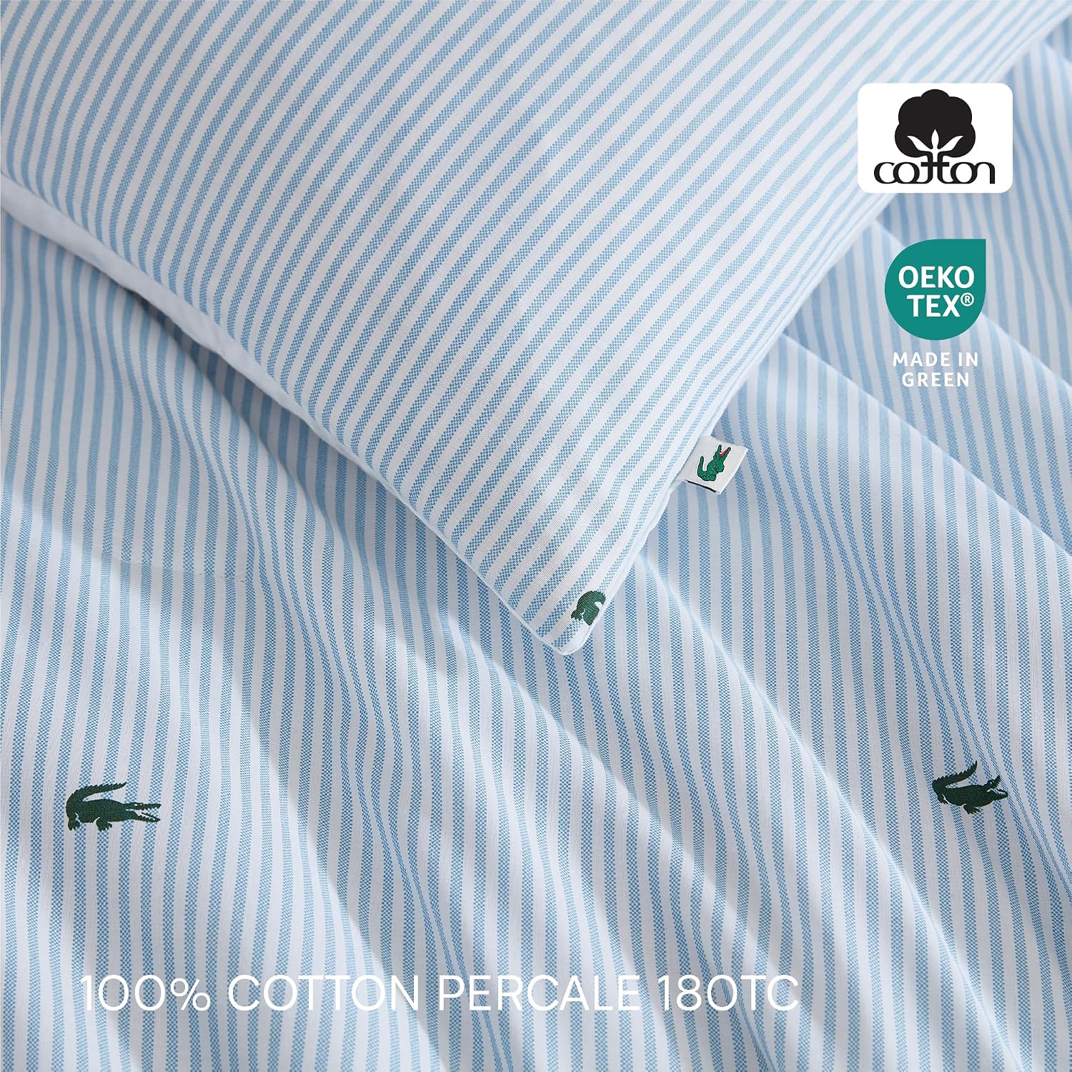 Lacoste Pinstripe Croc Comforter Set, 100% Percale Cotton 180TC, Breathable All Season Bedding with Embroidered Crocodile Logo, Blue, Full/Queen