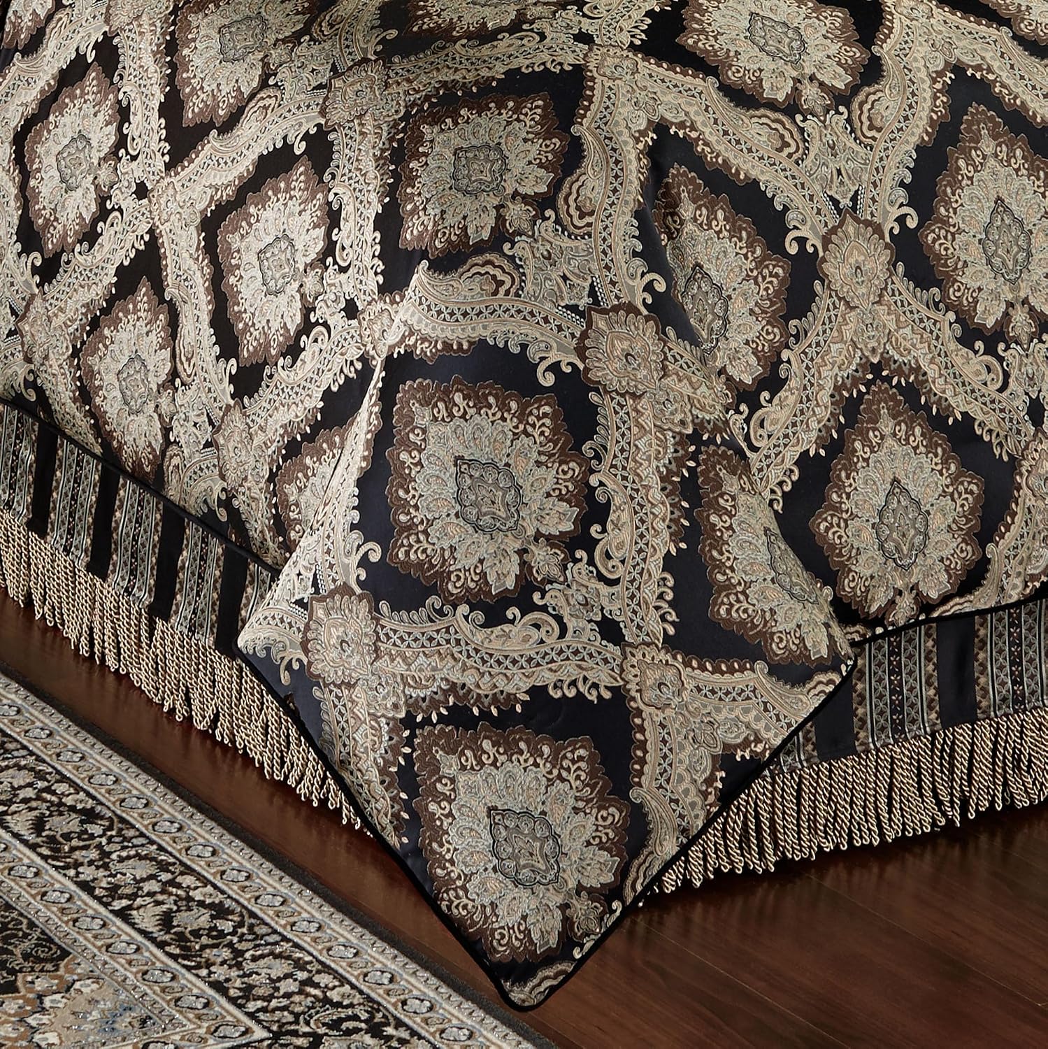 Fenmore Damask Medallion Oversized Luxury Bedding | Rich Black Taupe Silver Gray Wheat Almond | 4 Piece Comforter Set: Queen Comforter, 2 Standard Shams, and Bedskirt | Sophisticated Elegant Royal