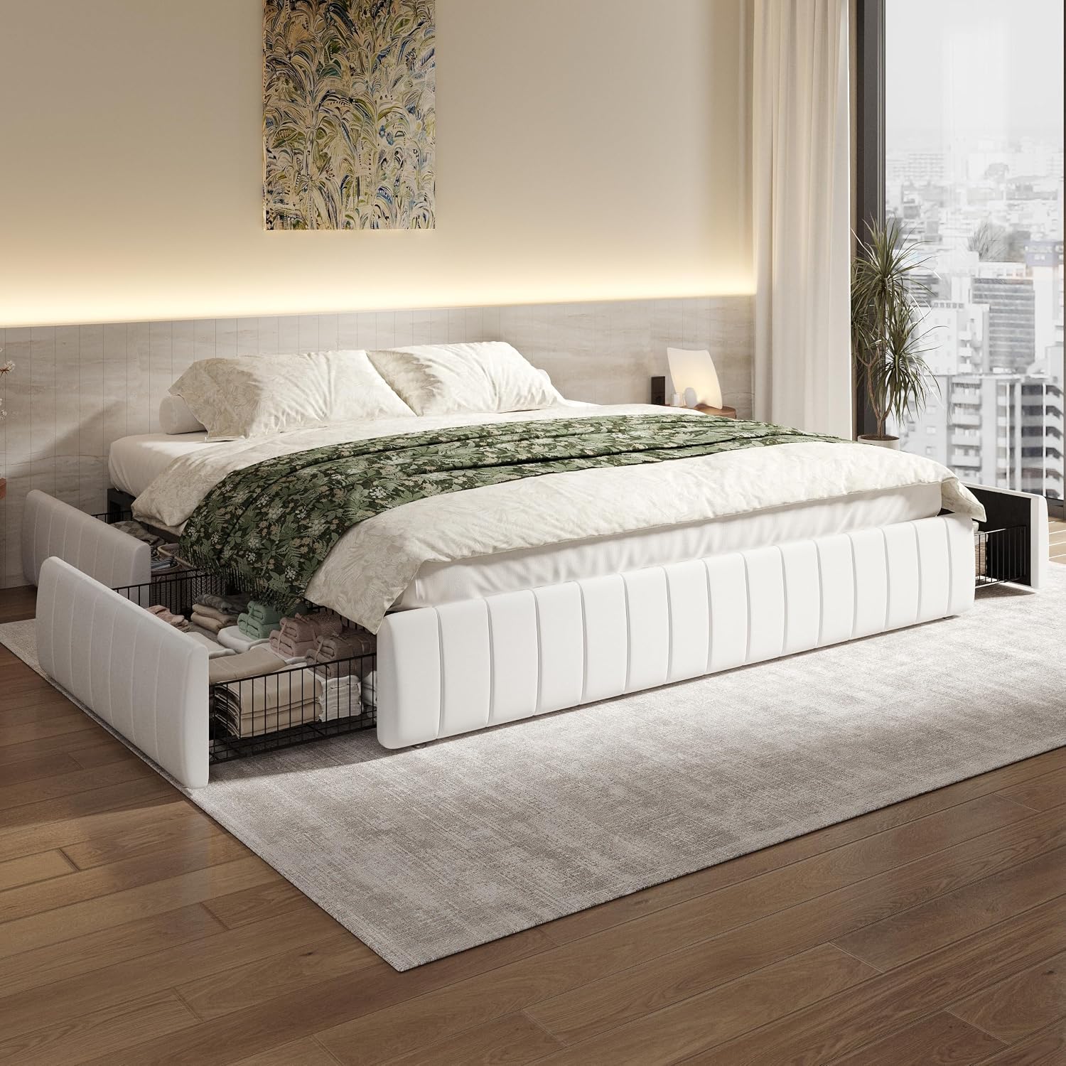 SHA CERLIN King Size Velvet Upholstered Platform Bed Frame with 4 Storage Drawers, Vertical Channel Tufted, Low Profile, Fits Standard Headboards, Wooden Slats Support, Easy Assembly, White