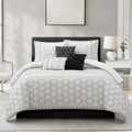 Stratford Park 7 Piece White Black Comforter Set, Queen Size Clip Bedding Set, All Season Geometric Bedding Set, Matching Pillows, Shams, Bed Skirt